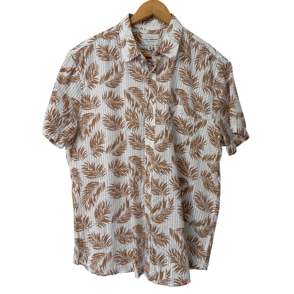 Lucky Brand Mens Button Down Short‎ Sleeve Shirt Palm Leaf Stripe Print Large